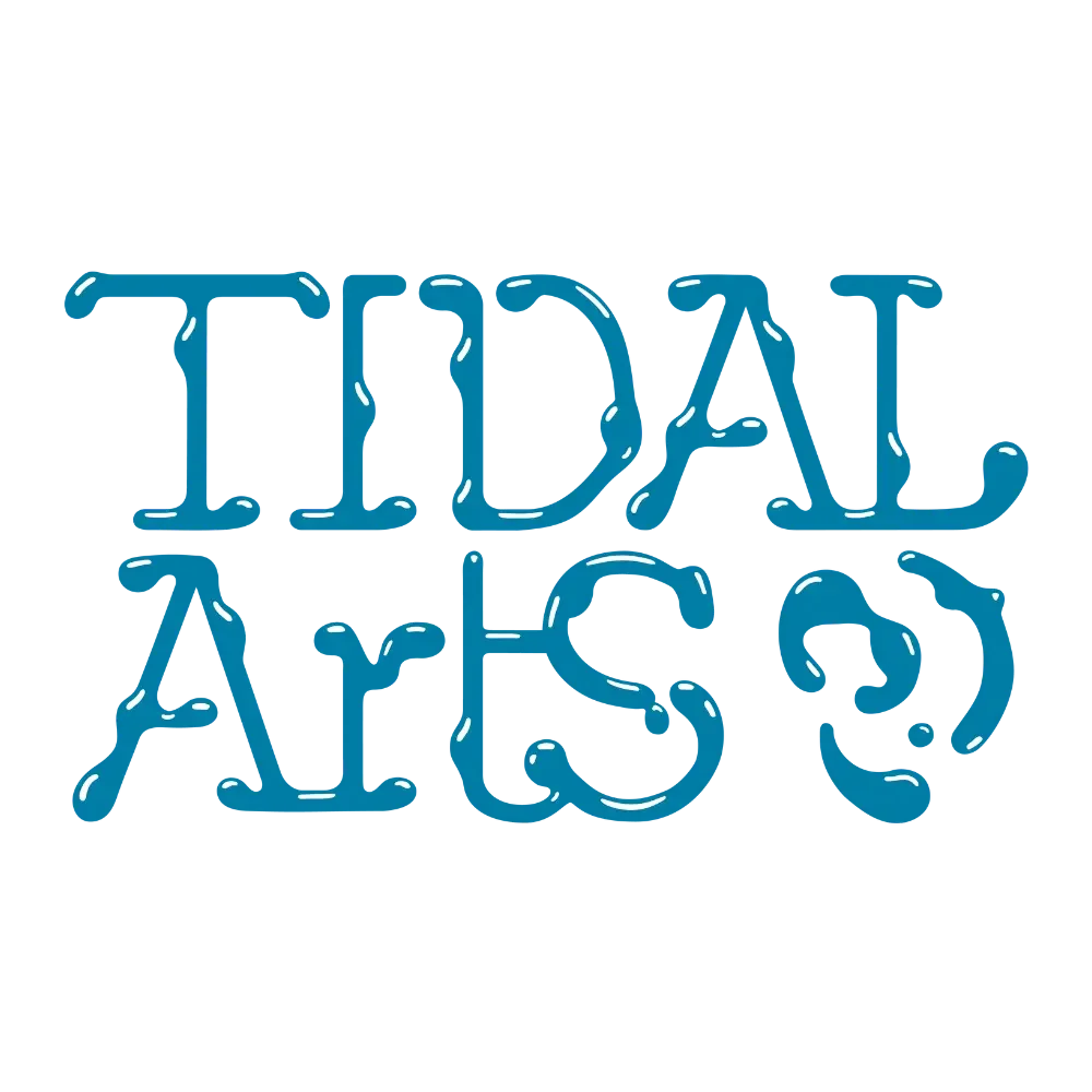 Neon sign with the words "Tidal Arts" in blue lettering.