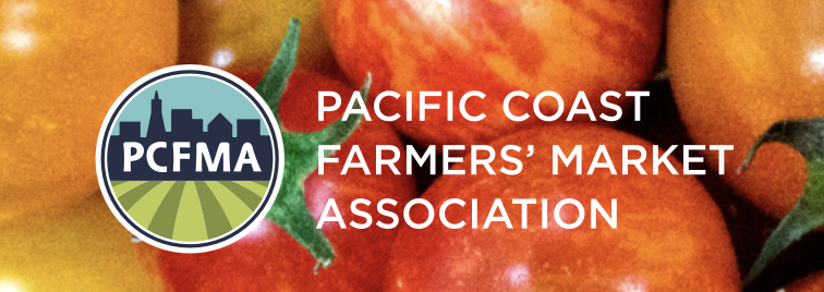 Logo of Pacific Coast Farmers' Market Association over a background of tomatoes.
