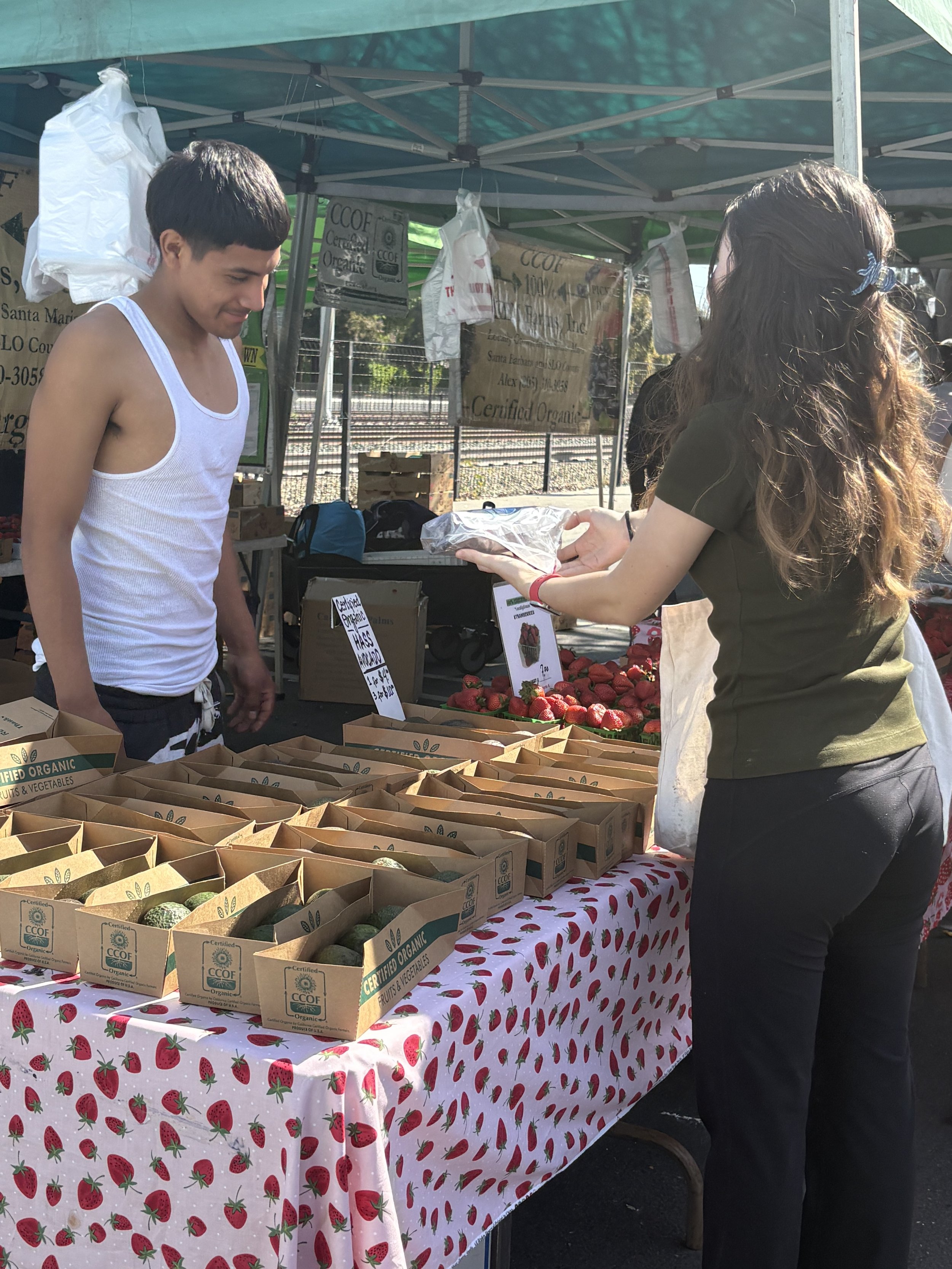 A woman is purchasing strawberries from a vendor at a farmers market stand. The stand has a strawberry-themed tablecloth and various boxes of produce, with signs indicating organic and certified items.