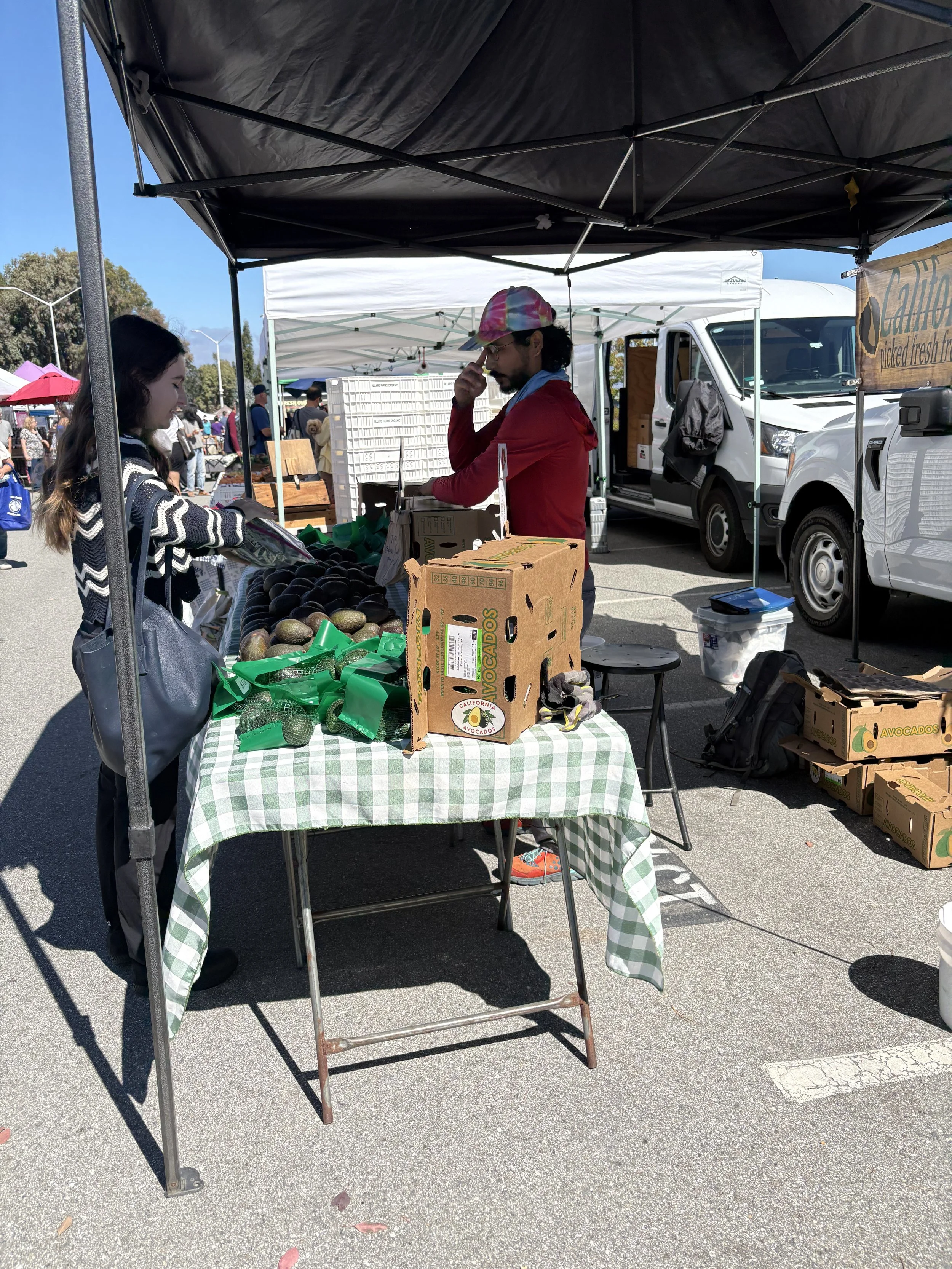 A woman and a man interacting at an outdoor farmers market stall selling avocados, with tents and other vendors in the background under clear skies.
