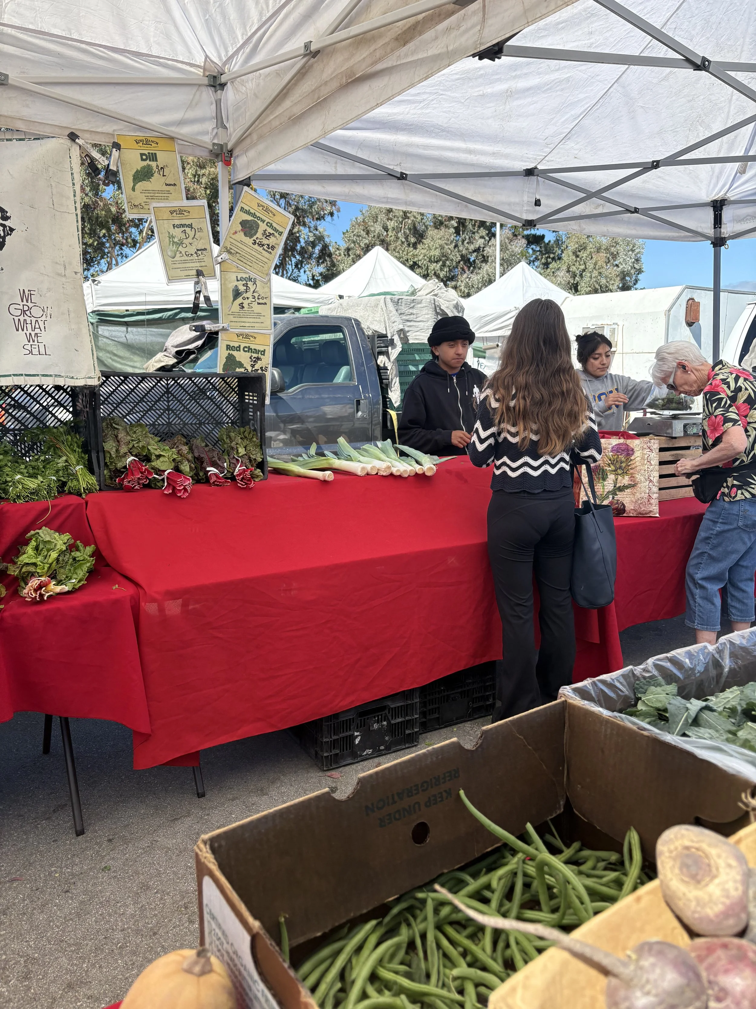 At an outdoor farmer's market, a vendor's stall displays various fresh vegetables, including green beans, radishes, and leafy greens, with signs listing their prices. Customers are shopping, and white tents are visible in the background under a blue 