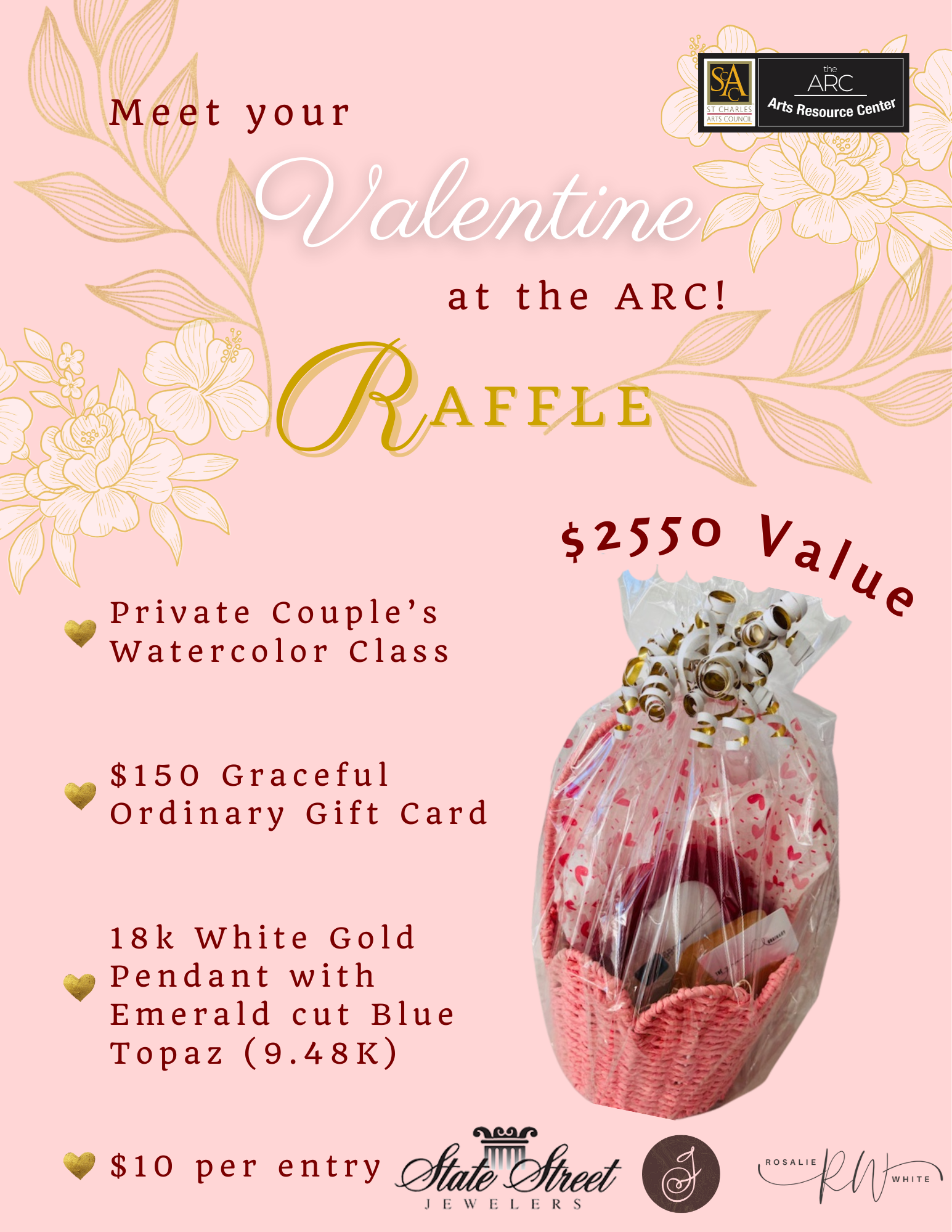 Pink flyer promoting a Valentine's Day raffle with a floral design, featuring a wrapped gift basket with ribbons, and listing raffle prizes including a watercolor class, gift card, and gold pendant.