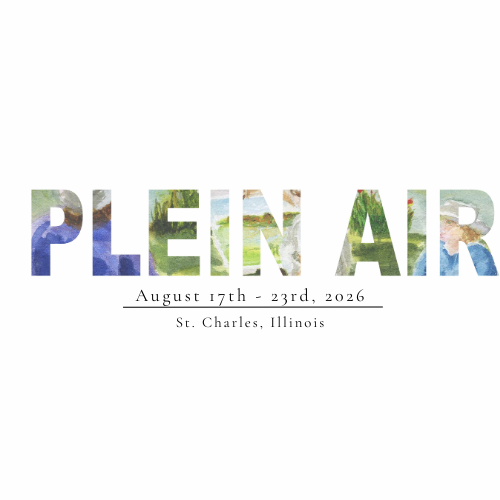 Event poster for 'Plein Air' from August 17th to 23rd, 2026 in St. Charles, Illinois, with a watercolor-style background in the text.