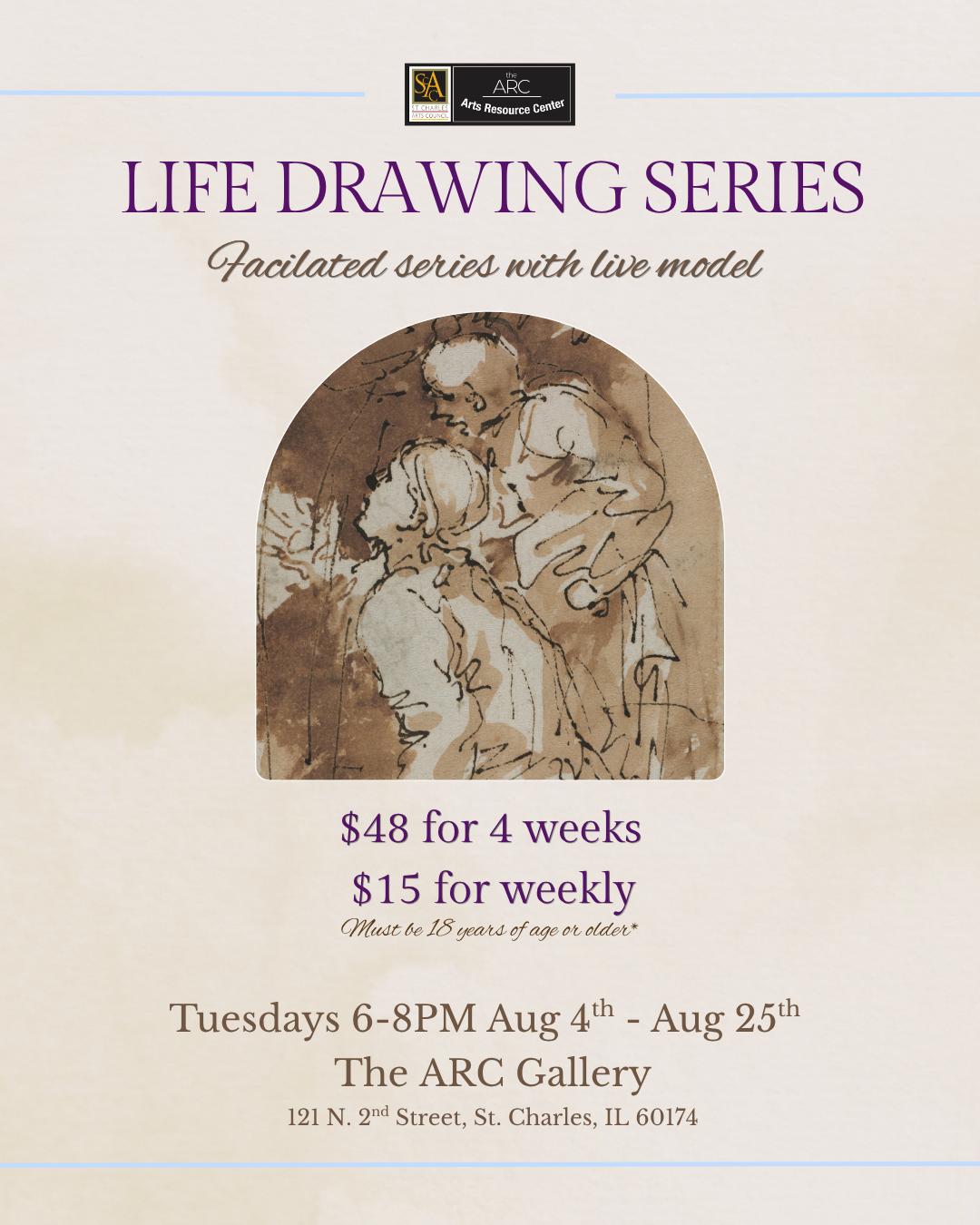 Poster advertising a life drawing series at The ARC Gallery featuring live models, scheduled on Tuesdays from 6-8 PM, June 9th to July 28th. The poster shows an artistic sketch of two people, one standing and one seated, drawn in brown ink.