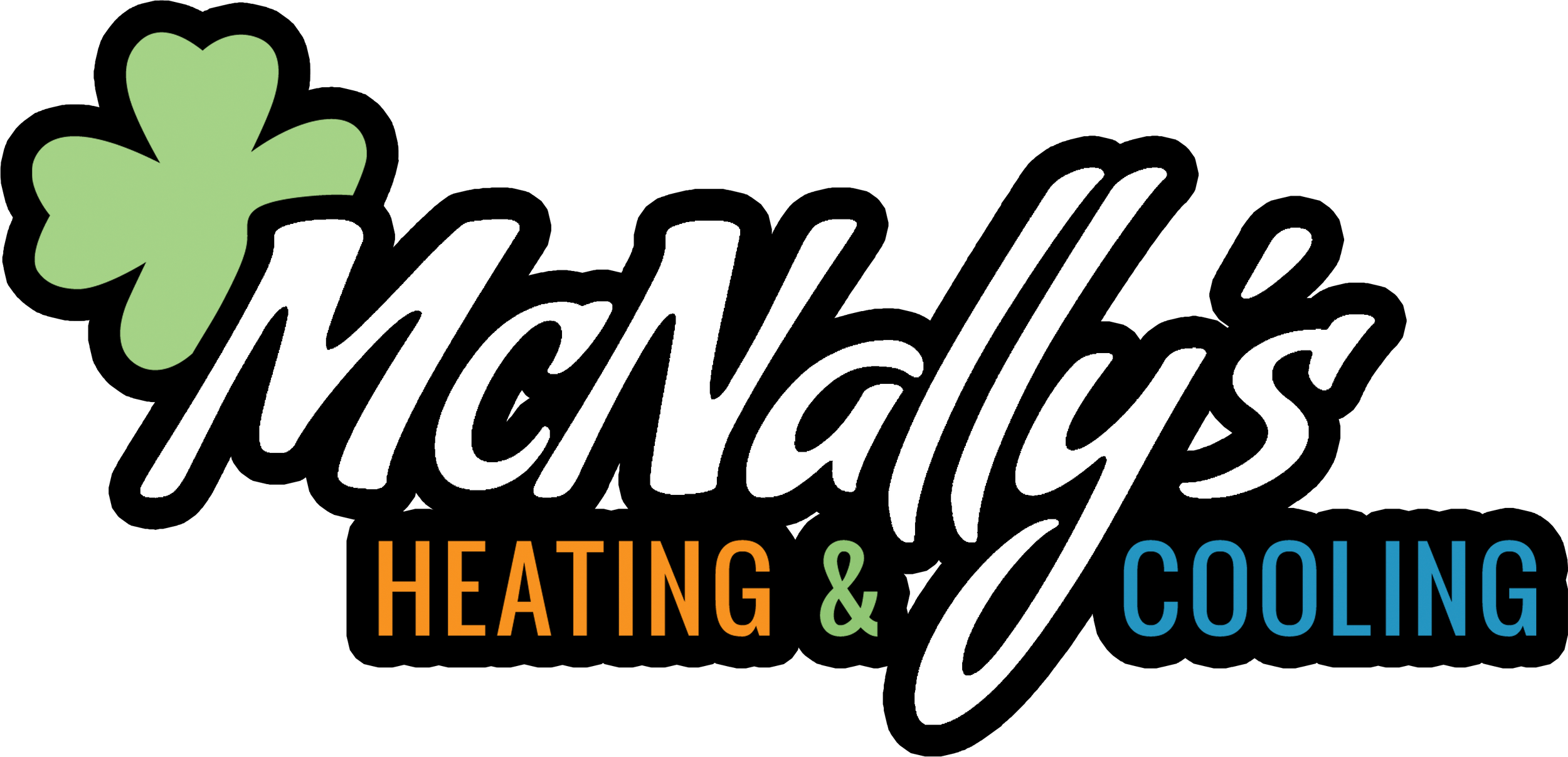 Logo for McNally's Heating & Cooling with a green shamrock, the company name in white cursive and the services in orange, green, and blue text.