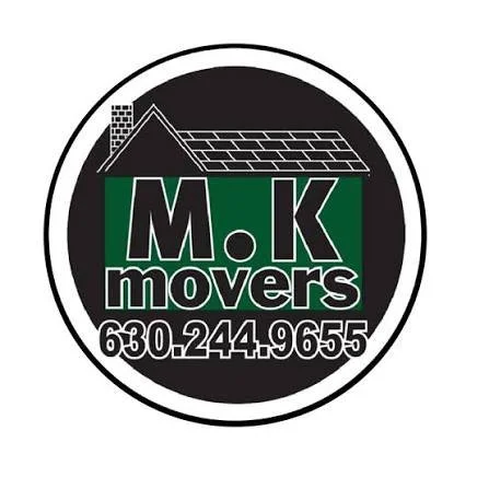 Logo for M.K Movers with a house roof graphic and phone number 630-244-9655.