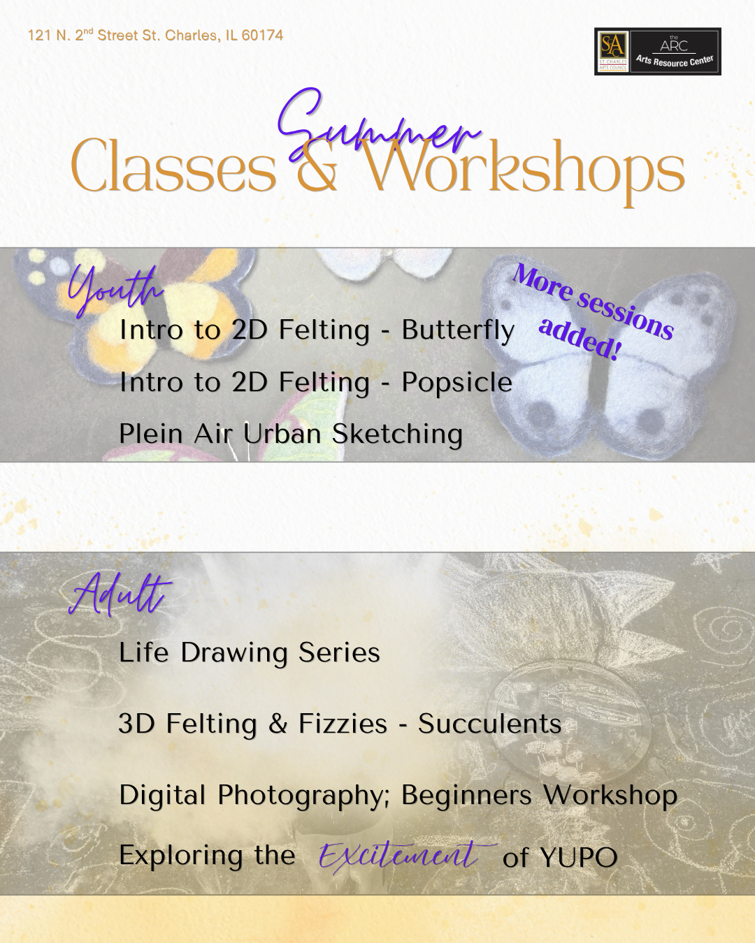 Poster advertising summer art classes and workshops with sections for youth and adults, featuring butterfly background and colorful text highlighting new sessions and different art topics.
