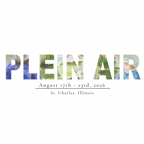 Text that reads "PLEIN AIR" with a watercolor background, event dates August 17-23, 2026, and location St. Charles, Illinois.