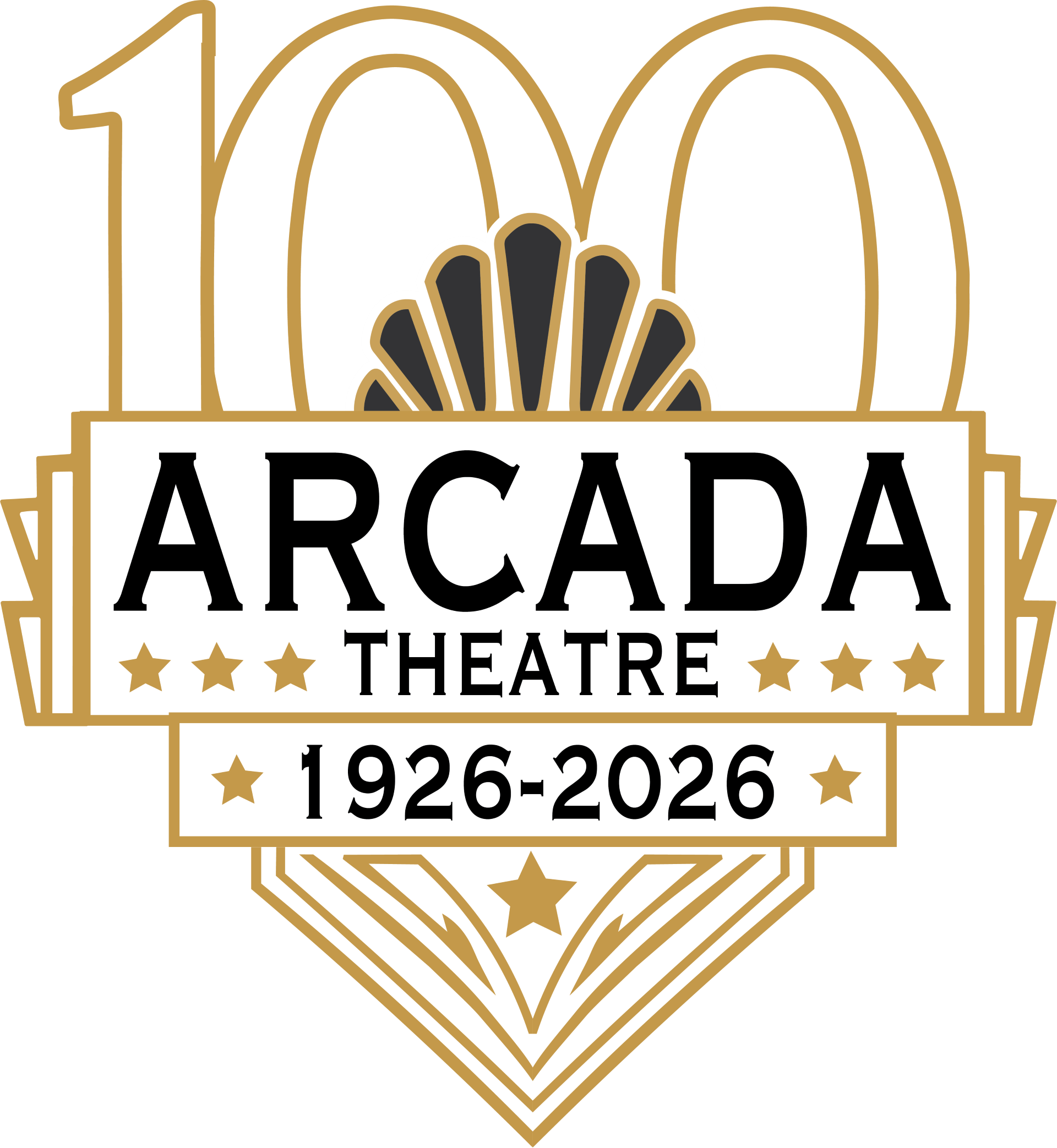 Logo of Arcada Theatre with a large number 100, decorative gold and black design, stars, and the years 1926-2026 celebrating a 100-year milestone.