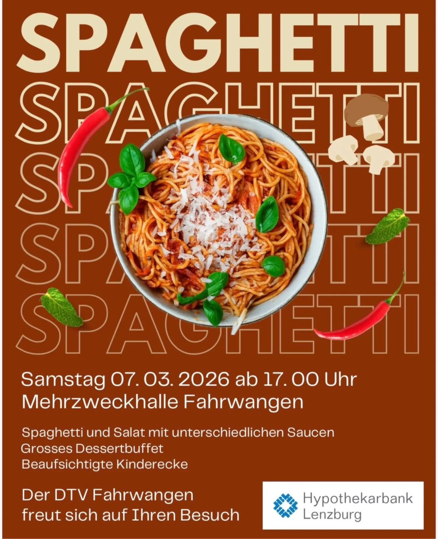 Am Samstag, 07. M&auml;rz l&auml;dt der DTV wieder zu leckeren Spaghetti ein.🍝
Wir freuen uns auf zahlreiche Besucher:innen.😊

#dtvfahrwangen #spaghetti #gem&uuml;tlich #ausgang #lecker