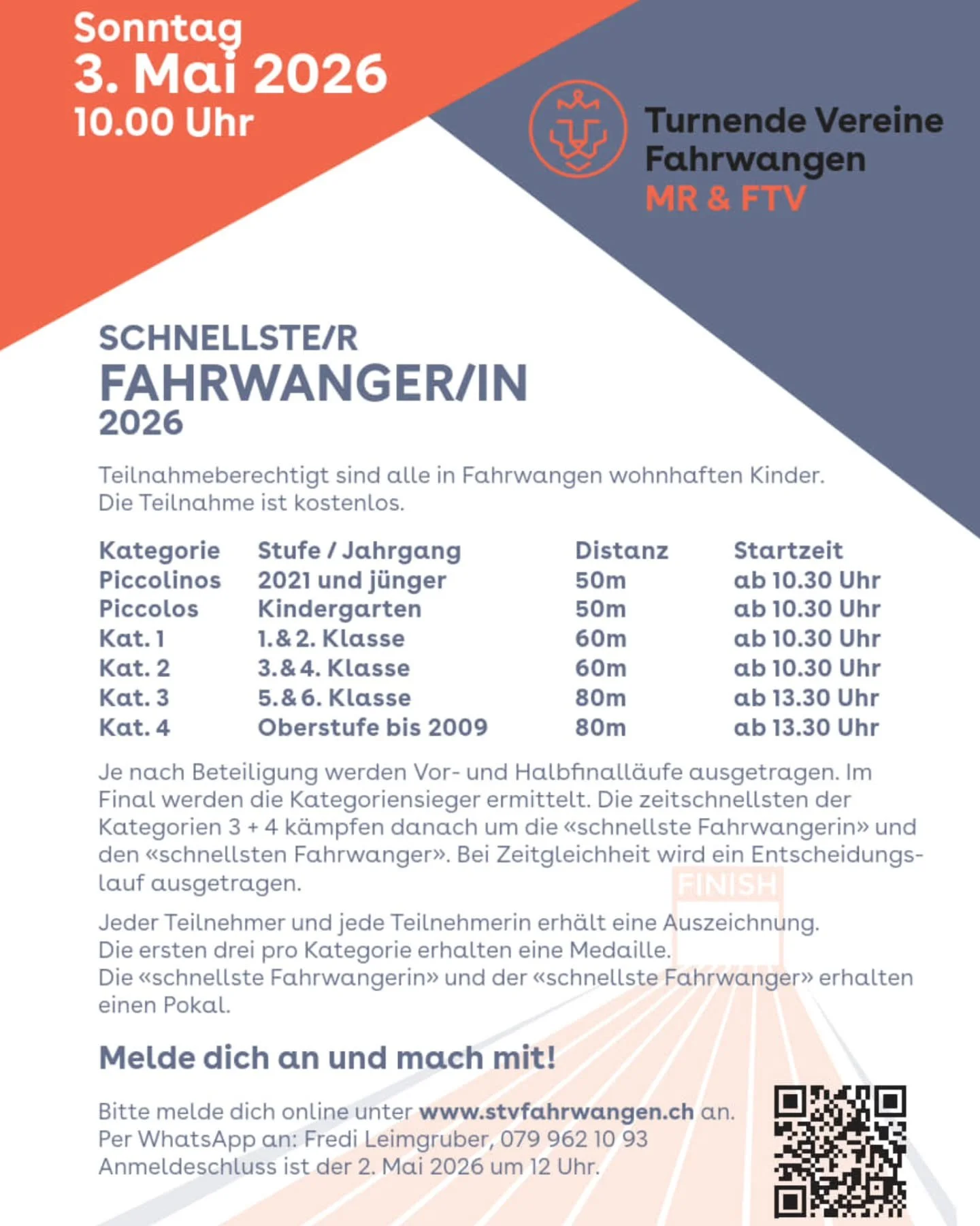 Auch dieses Jahr findet wieder das Rennen um den/die schnellste:r Fahrwanger:in statt. 🏃&zwj;♀️🏃&zwj;♂️
Der Anmeldeschluss ist der 02. Mai.

#mrfahrwangen #running #wettrennen #schnell #jedesekundez&auml;hlt