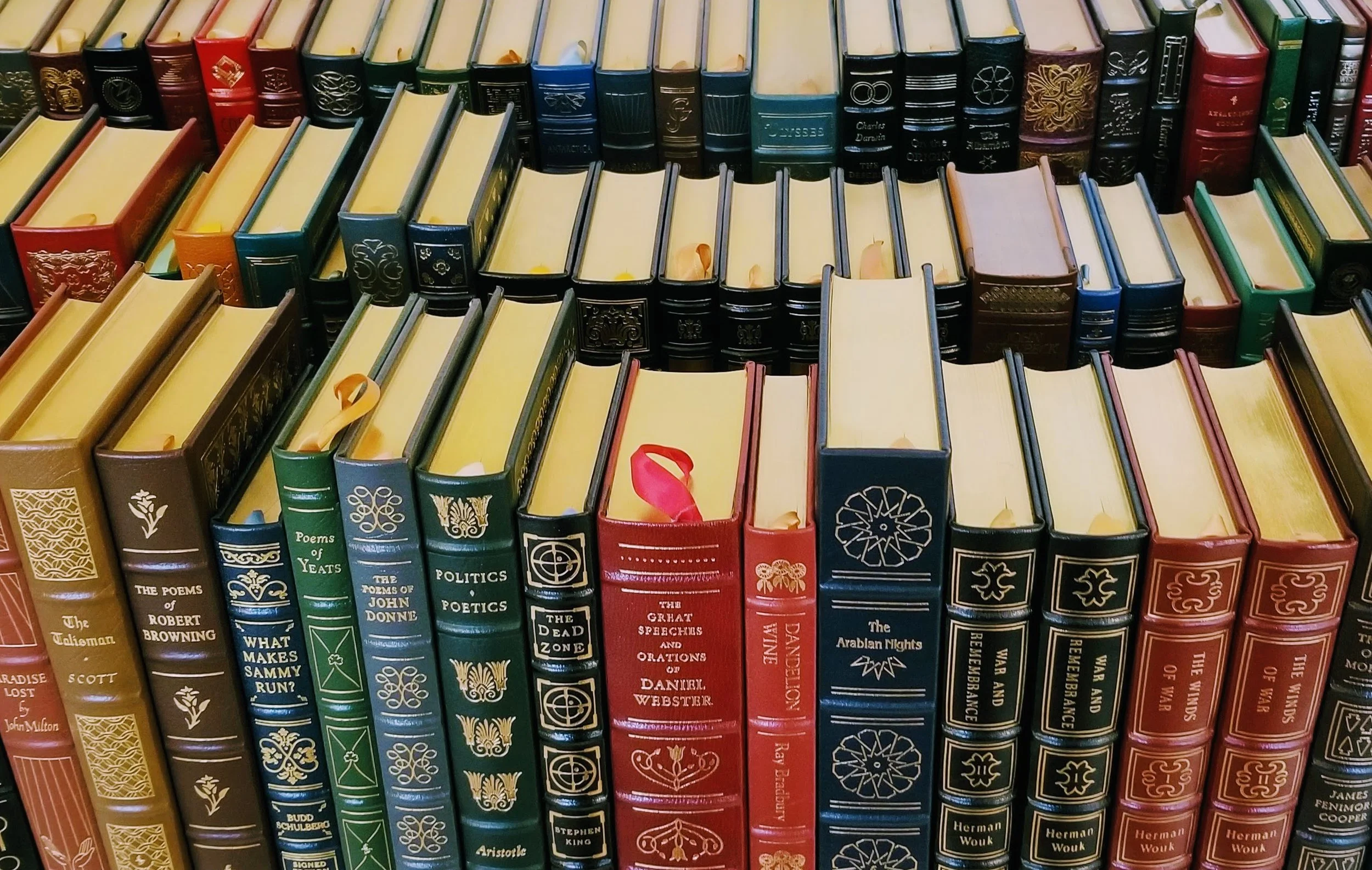 Shelf filled with various hardcover books, some with decorative gold and silver designs, arranged vertically with visible titles including poetry, politics, and classic literature.