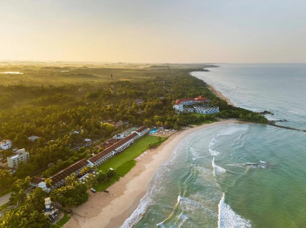 Aerial view of a beach with waves, seaside hotels, and a lush green forest extending to the horizon during sunset.
