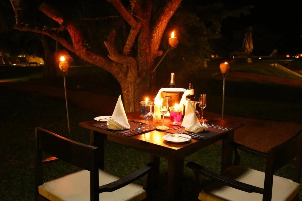 A romantic outdoor dining table set with wine glasses, napkins, and a wine bucket, illuminated by candles and torches around a large tree at night.