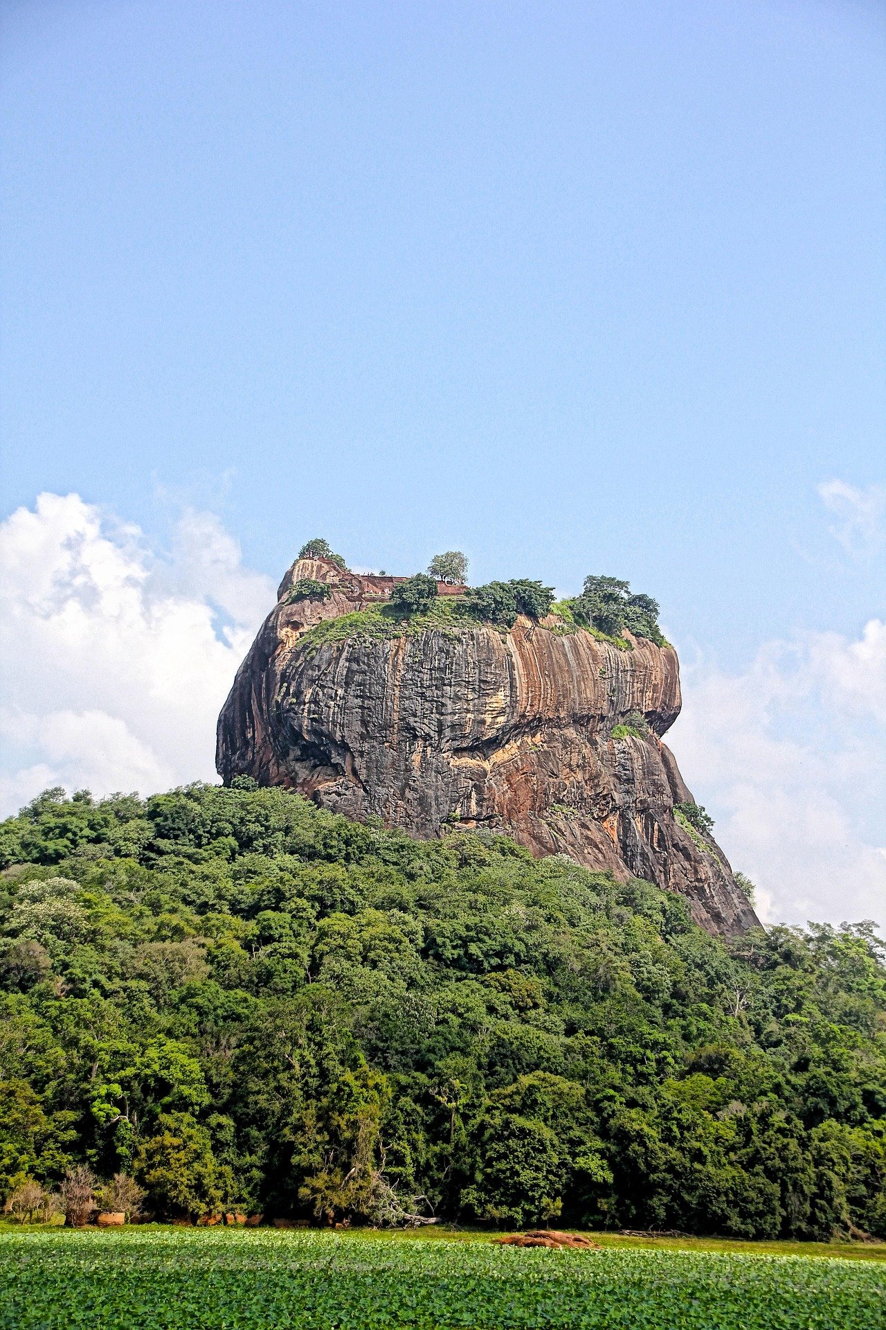 A large rocky hill with a flat top, covered with green trees and vegetation, against a bright blue sky with a few clouds.