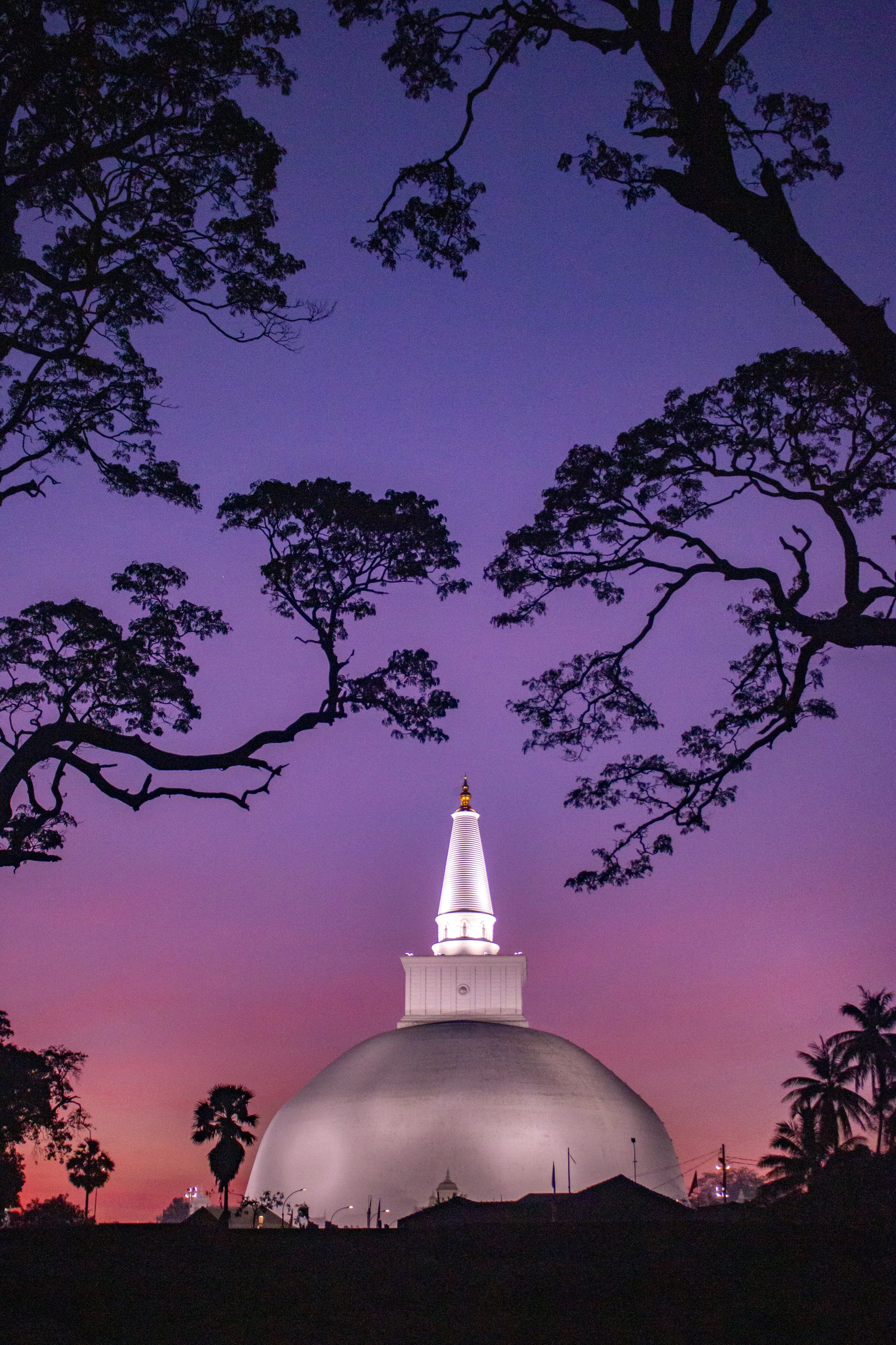 A large white stupa with a tall, illuminated spire building in the background at sunset, framed by silhouetted trees and palm trees.