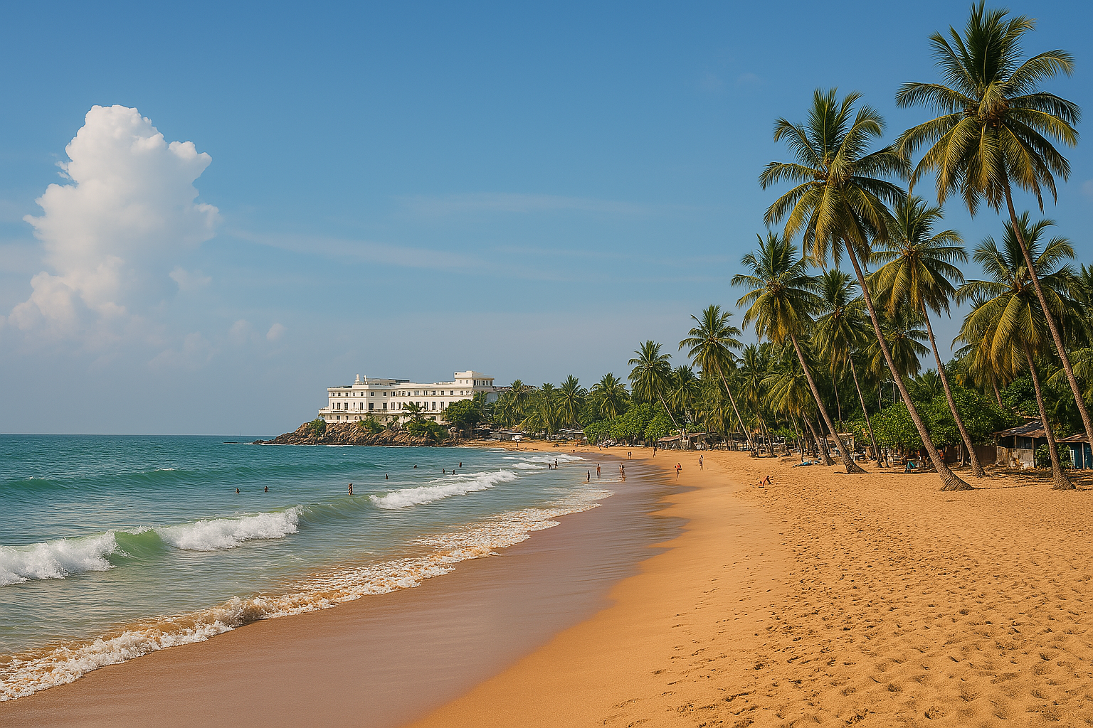 Sunny tropical beach with palm trees, sandy shore, and calm ocean waves with people swimming, under a blue sky with a white building on the rocky coastline in the background.