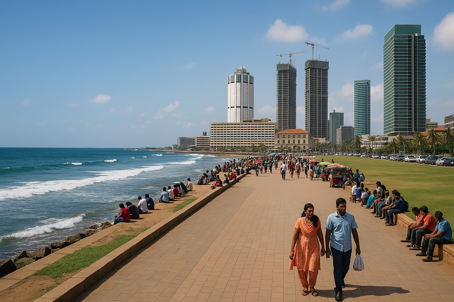 People walking and sitting along a waterfront promenade with high-rise buildings in the background, under a partly cloudy sky.