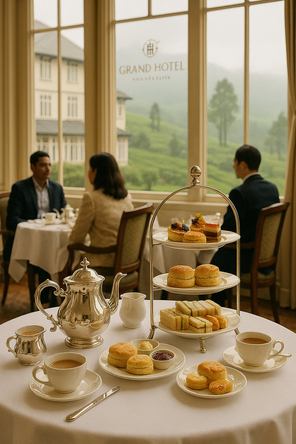 A table set for afternoon tea with a three-tier tray of scones, finger sandwiches, and desserts, along with a silver teapot and cups of tea. In the background, two people sit at a table in a hotel dining room with large windows overlooking a lush, foggy landscape outside.
