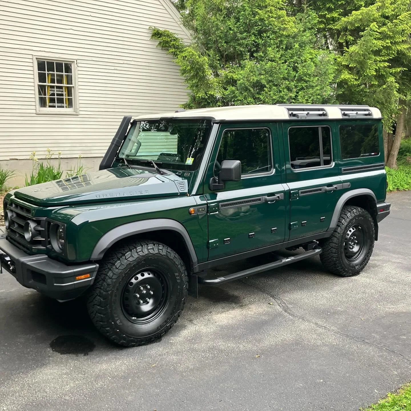 We put some big shoes on Graham. BFG KO3 285/75 R17.  The perfect size for the stock suspension on a Grenadier in my opinion.  Thanks to Jonathan at @rokovehicles for the advice on the size.  #ineosgrenadier #grenadier4x4 #bfgoodrich #bfgko3 #koineos