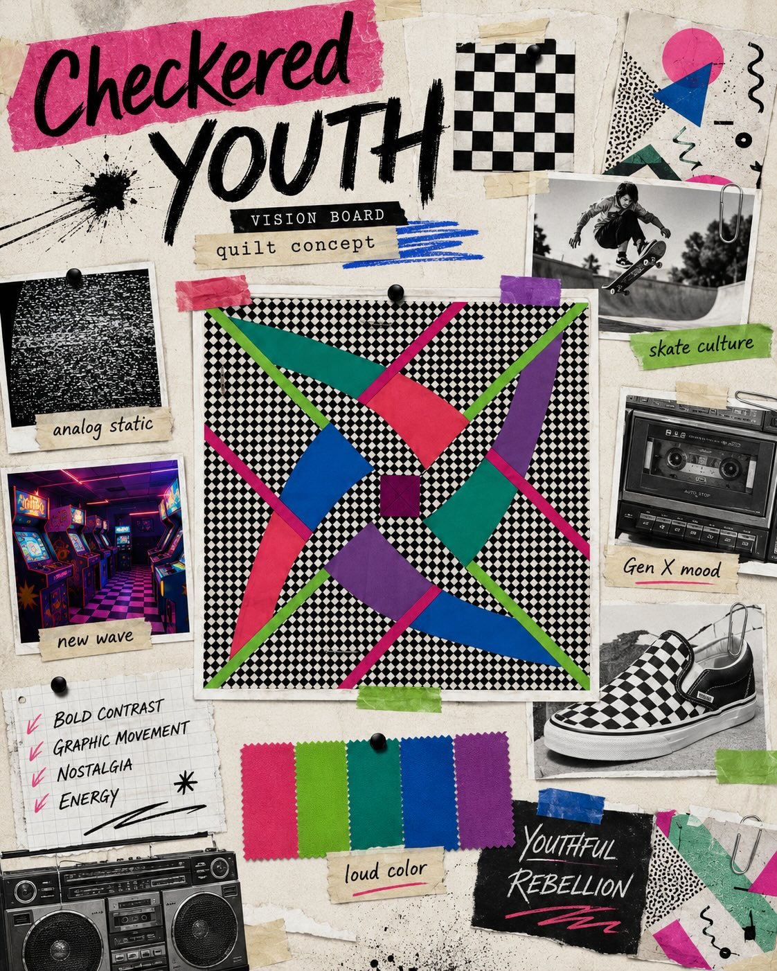 I asked ChatGPT to create a vision board of my quilt that I&rsquo;m calling GEN X:Checker Youth.  I think that it nailed it with the feeling I was going for.  If included photo on where I&rsquo;m at with the quilting.  #thekingslacker