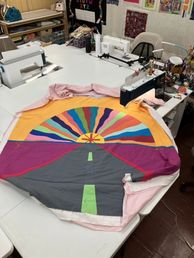 Work in progress during the quilting stage of Drive into the Sunset.