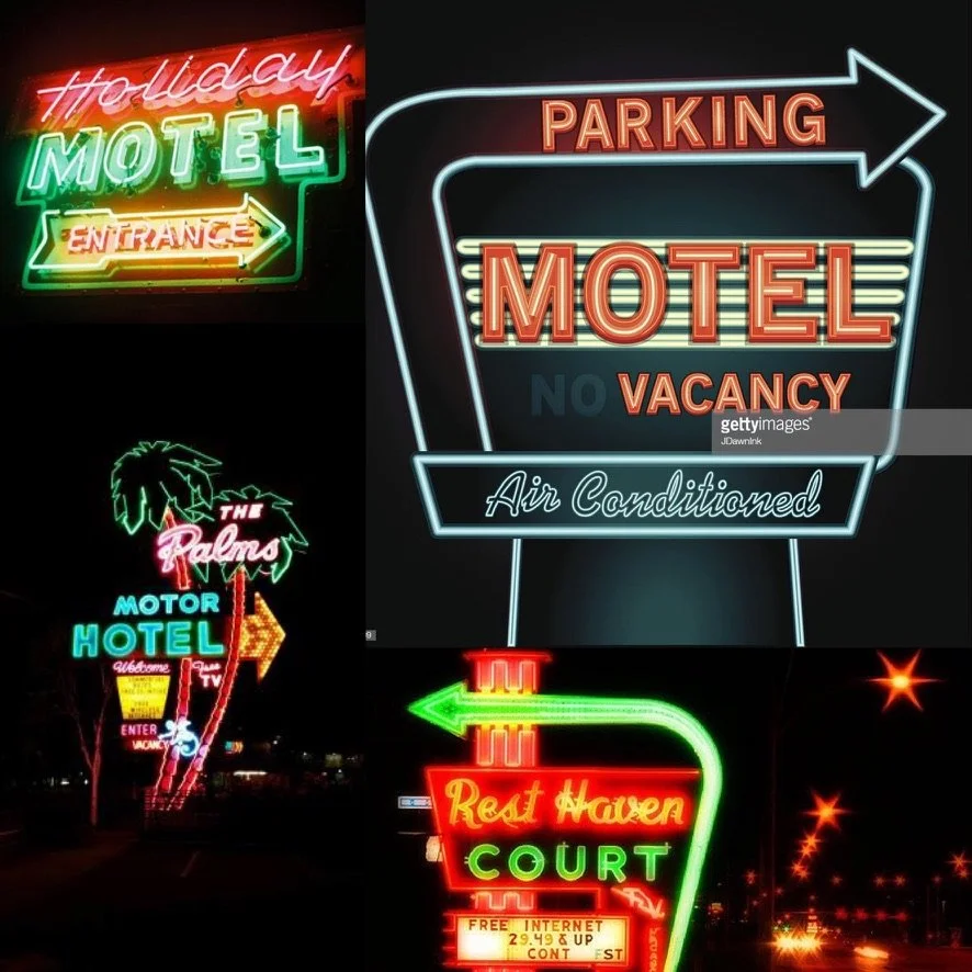 Inspiration image shared with Bee Sewcial members for the “Motel Neon” prompt, capturing the glow, color, and graphic language of roadside neon signage.