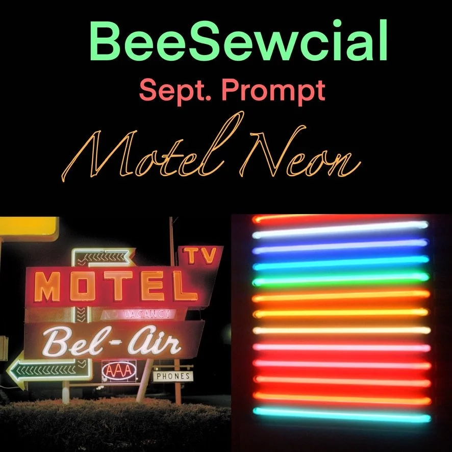 Inspiration image for the BeeSewcial “Motel Neon” prompt.

The saturated glow of classic motel signage against deep black night served as the color reference for this project. Bright neon hues—electric blues, hot pinks, citrus yellows, and sharp gree