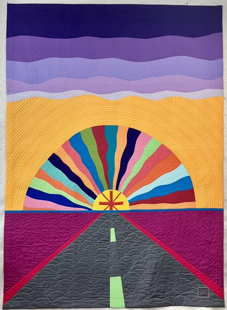 Finished quilt showing the completed composition and quilting.