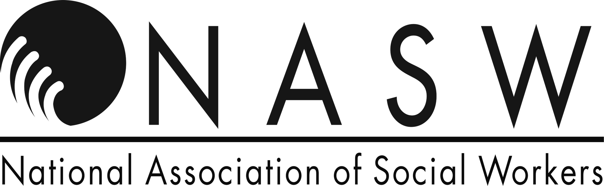 Logo of NASW, the National Association of Social Workers, featuring a black circle with stylized wave and the text 'NASW' beside it, and the full name below.