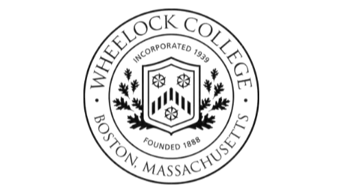Close-up of a black circular Wheelock College logo with a shield in the center and text around the border.