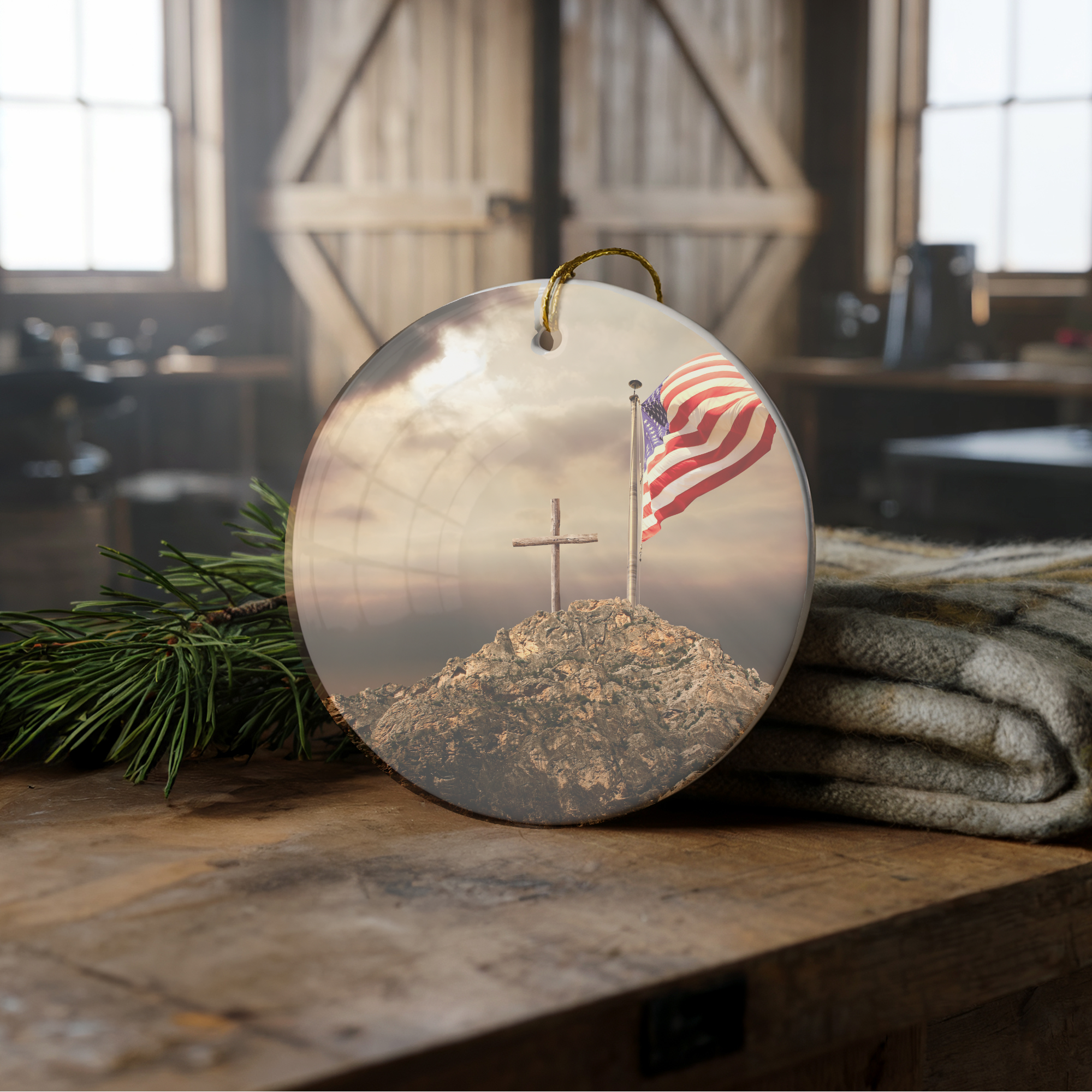 God & Country Ceramic 3" ornament with Ribbon