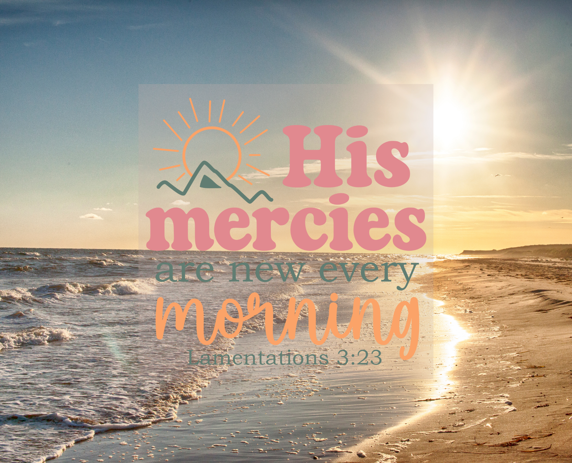 Sunset over the ocean with a sandy beach in the foreground, overlaid with a quote from Lamentations 3:23 about God's mercies being new every morning.