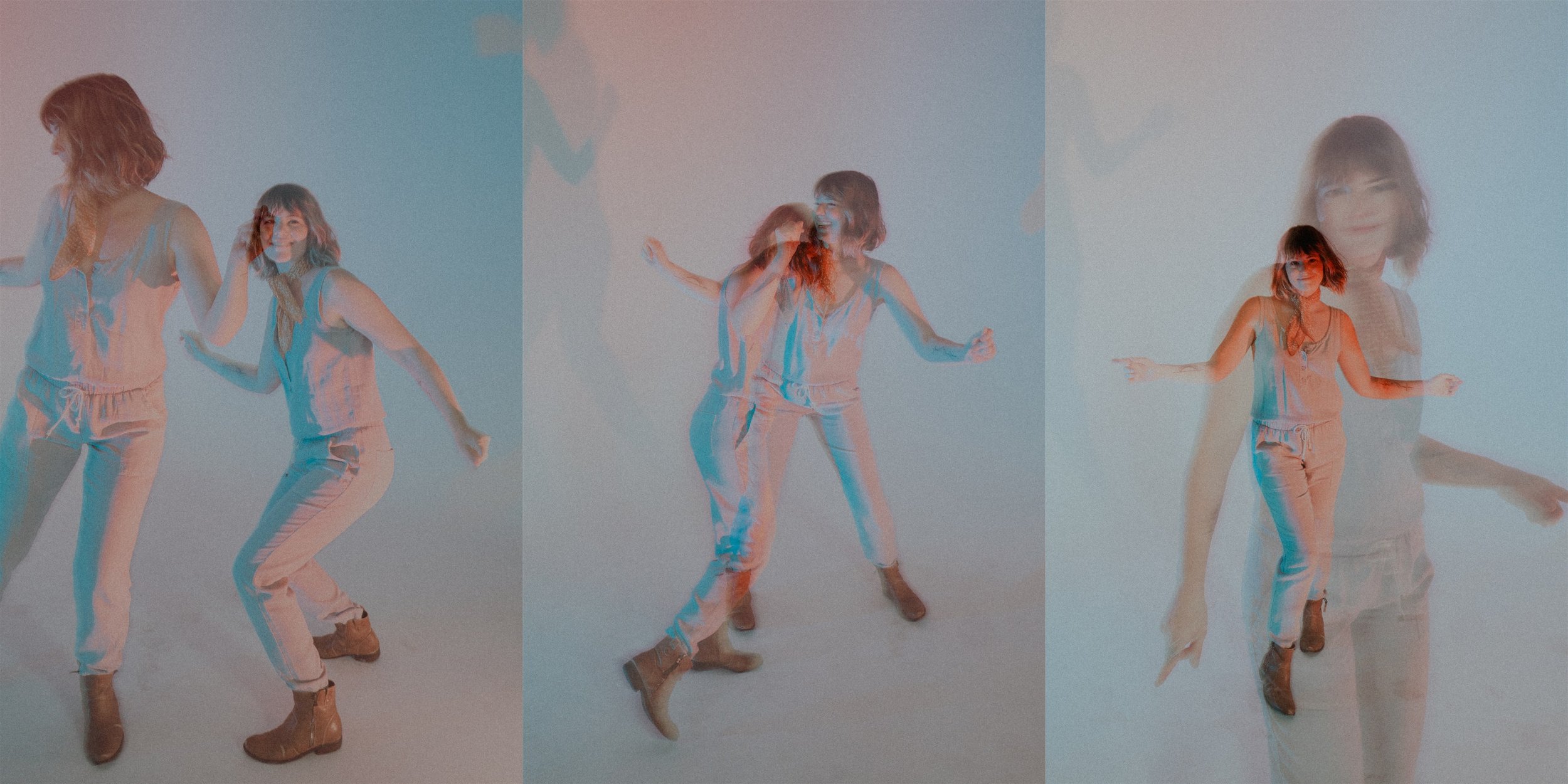 Two women dancing in front of a white background with a layered, semi-transparent effect.