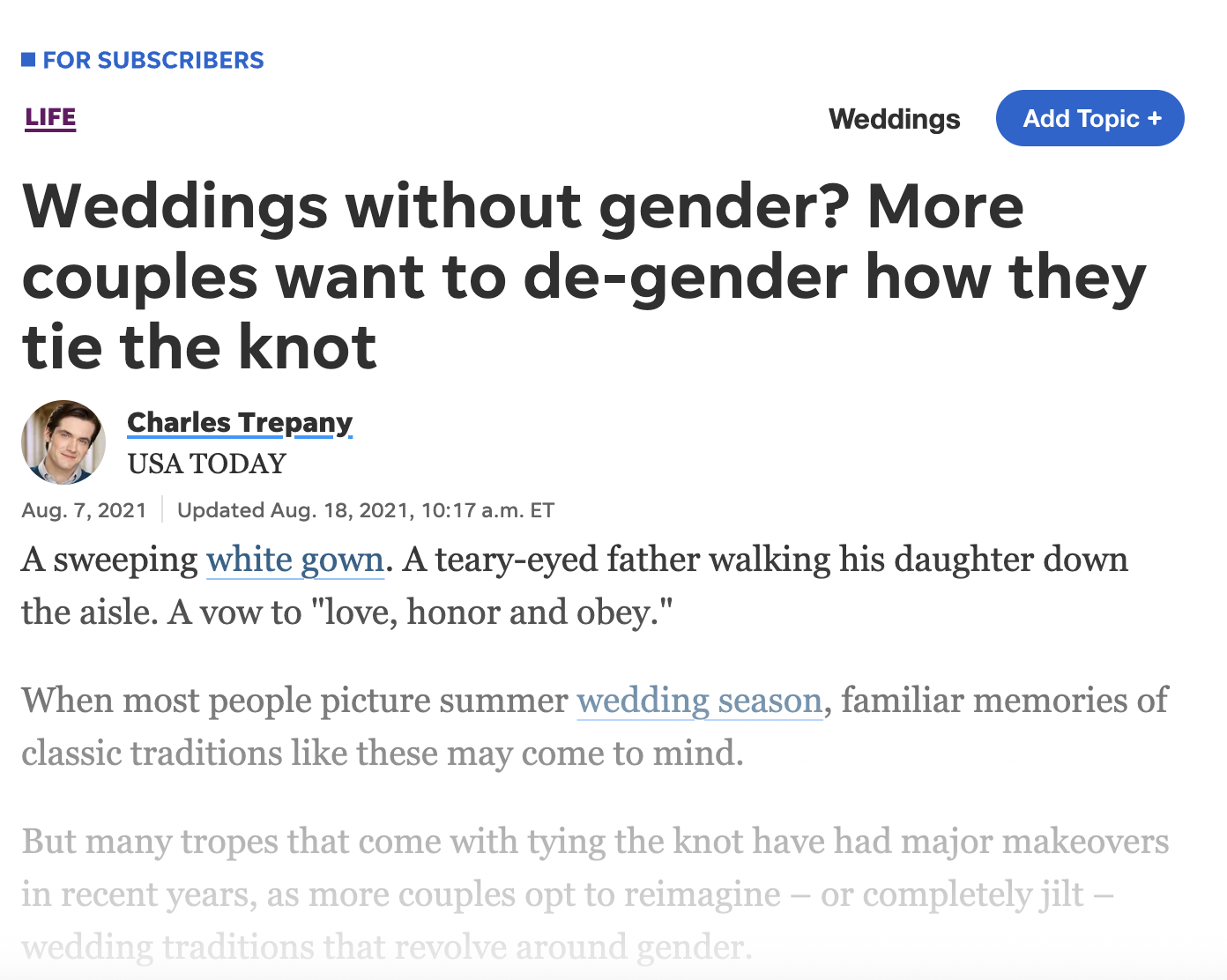 Screenshot of an online article titled "Weddings without gender? More couples want to de-gender how they tie the knot" by Charles Trepany from USA TODAY, dated August 7, 2021.