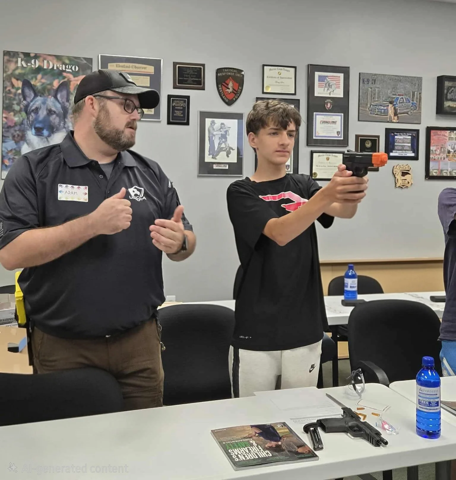 A young man holding a training handgun with an orange tip, participating in a firearm safety or training session, standing near a man wearing a black shirt and glasses, in a room decorated with various police and military memorabilia.
