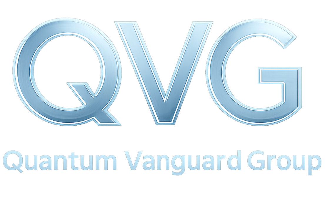 Logo for Quantum Vanguard Group with large stylized 'QVG' letters and smaller text 'Quantum Vanguard Group' underneath.