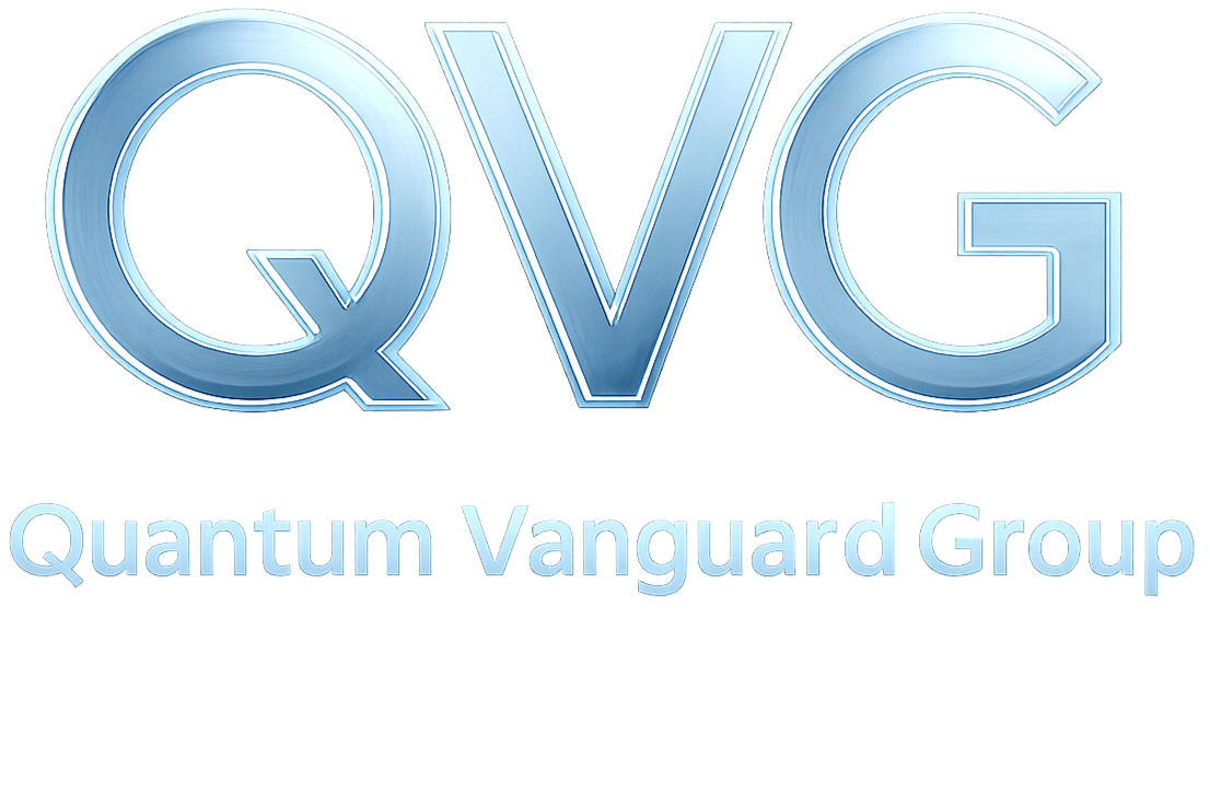 Logo for Quantum Vanguard Group with large stylized 'QVG' letters and smaller text 'Quantum Vanguard Group' underneath.