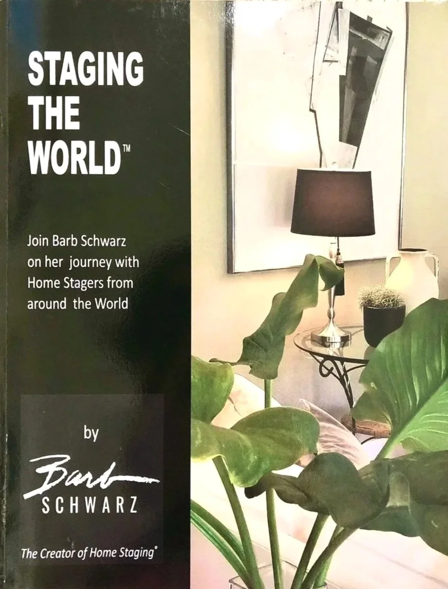 Book cover with black and white text on the left side and a photo of a living room with plants, a black lampshade, and abstract wall art on the right side.