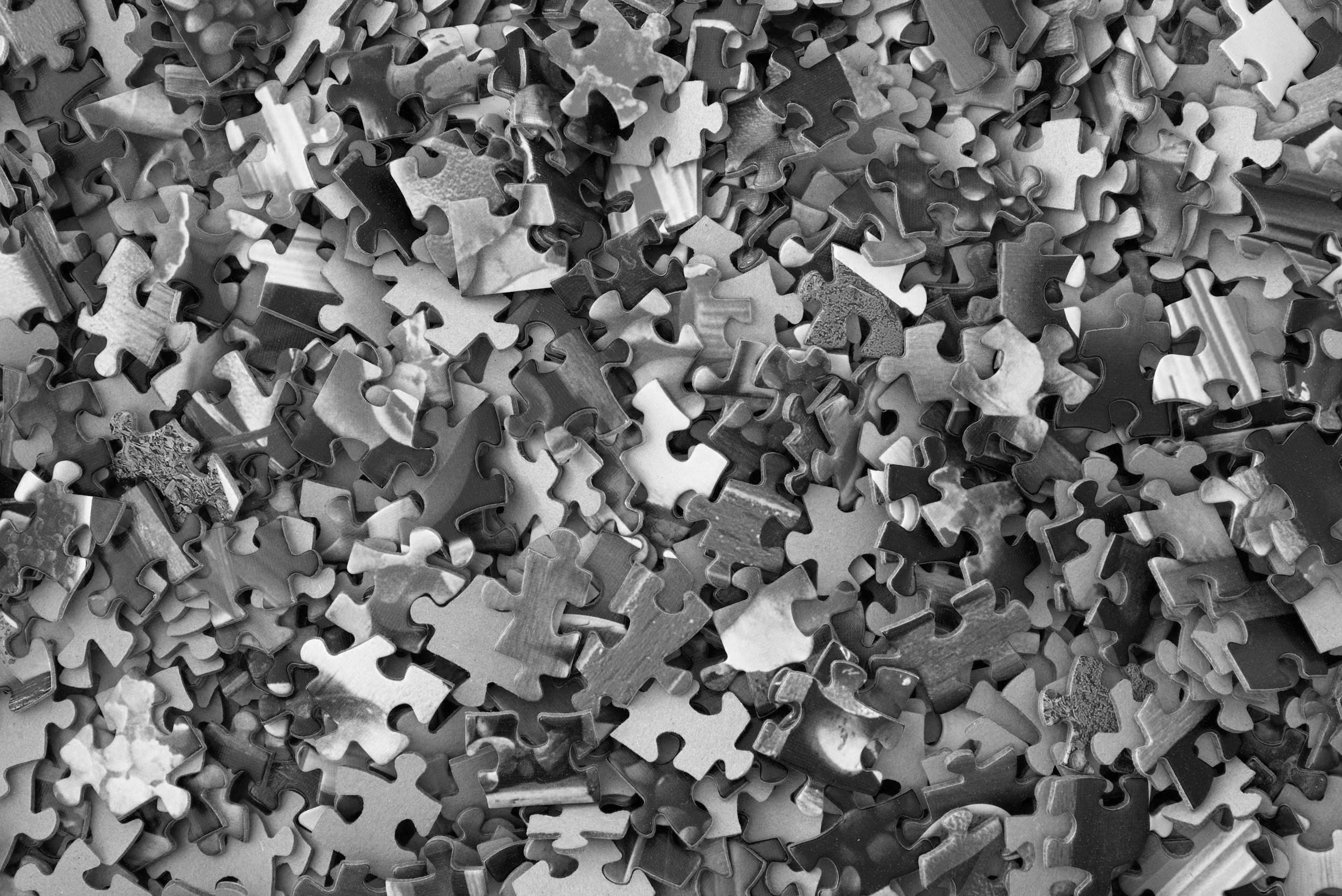 A large collection of puzzle pieces scattered randomly, with some pieces overlapping each other.