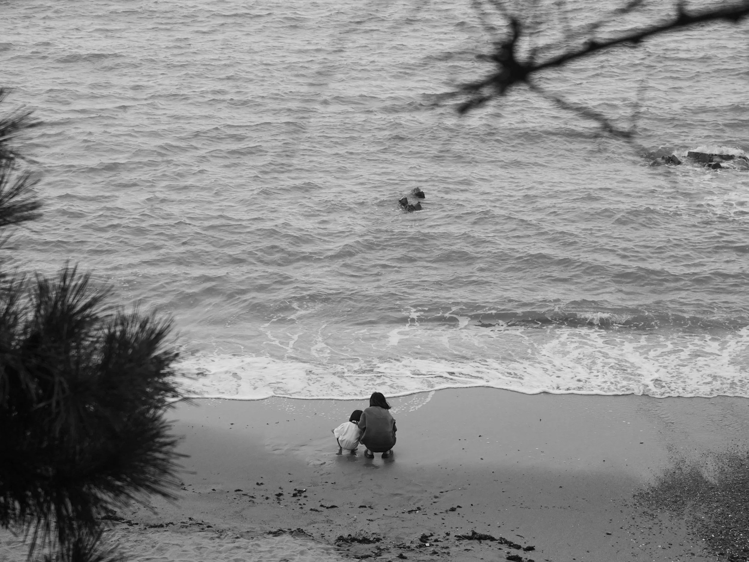 A black and white photo of two children sitting on the beach near the water, with trees in the foreground and the ocean in the background.