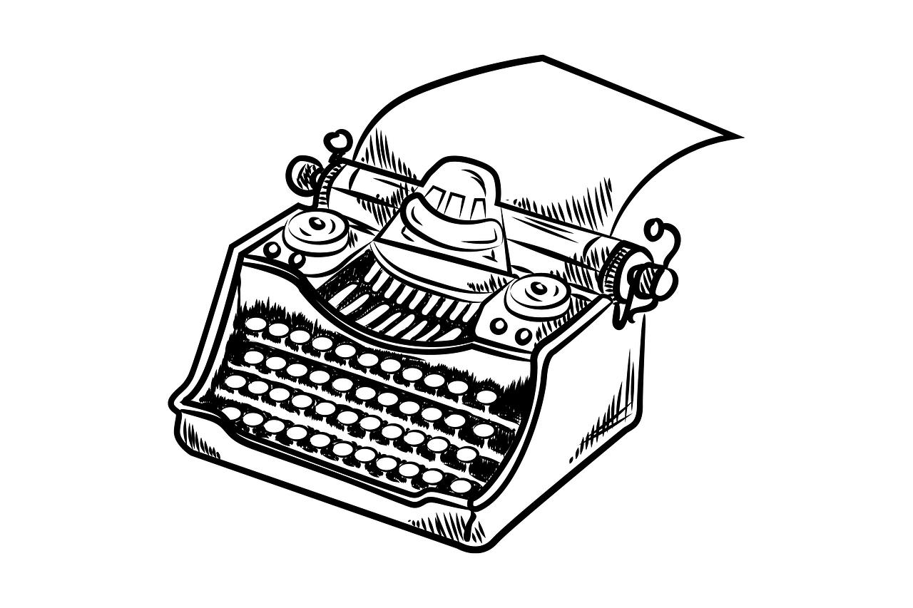 Black and white illustration of an old-fashioned typewriter with a sheet of paper inserted.