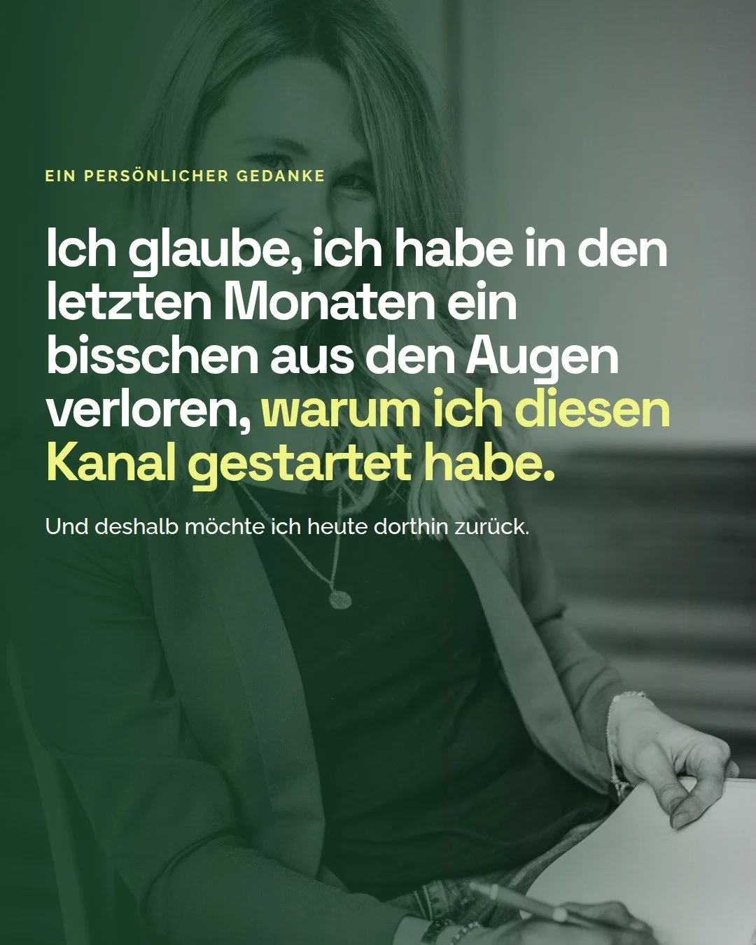 Ich glaube, ich habe in den letzten Monaten ein bisschen aus den Augen verloren, warum ich diesen Kanal eigentlich gestartet habe.

Zwischen Reels, Algorithmen, Trends und dem, was man angeblich alles machen muss, um sichtbar zu werden, ist etwas ver
