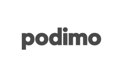 The Podimo logo with the word 'podimo' in gray lowercase letters. Podimo – podcast app