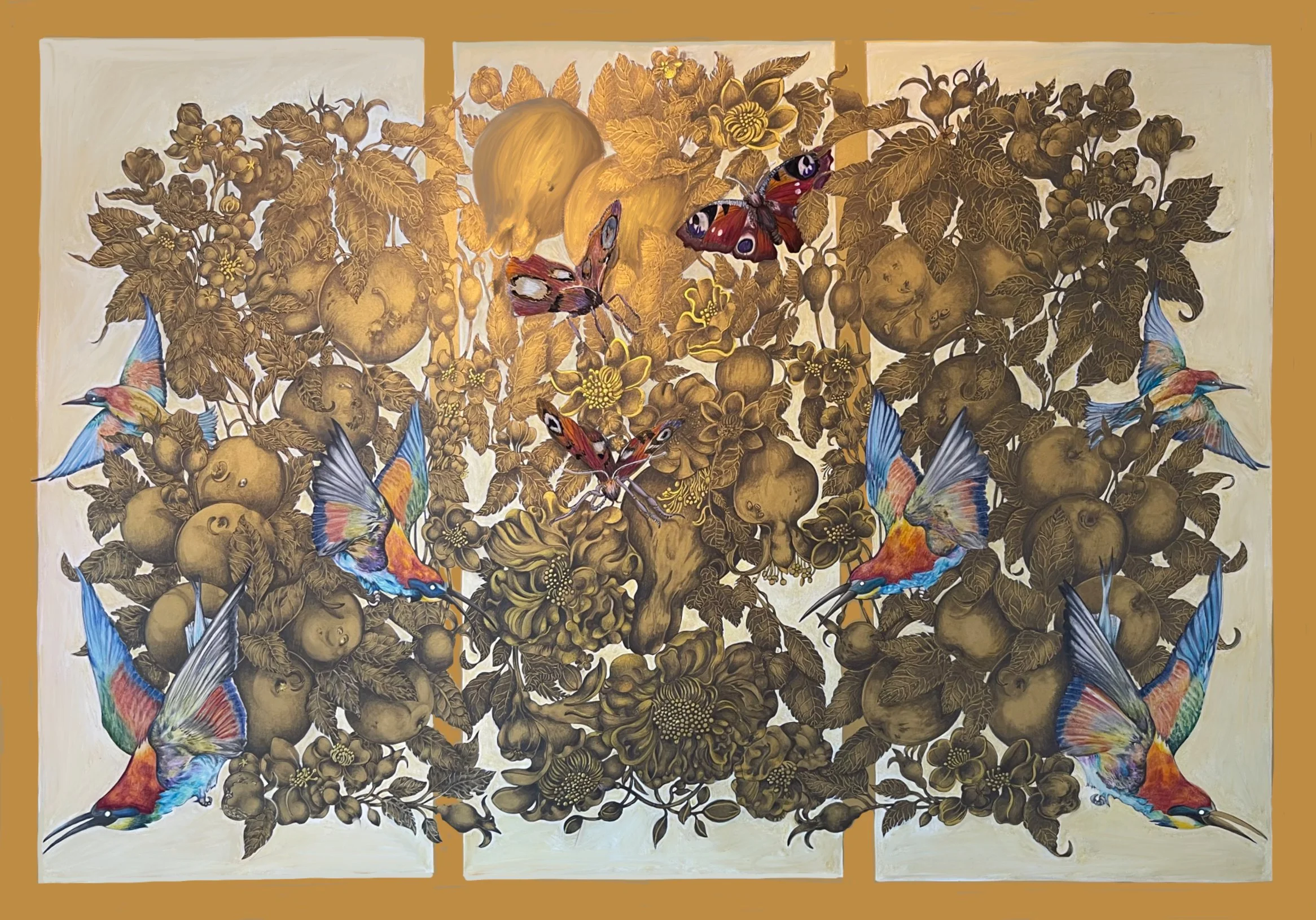 Studies of Flight on Gold (Punica granatum and Malus domestica) 2025.
Watercolour and graphite on paper 
30in x 22in (landscape) Private Collection