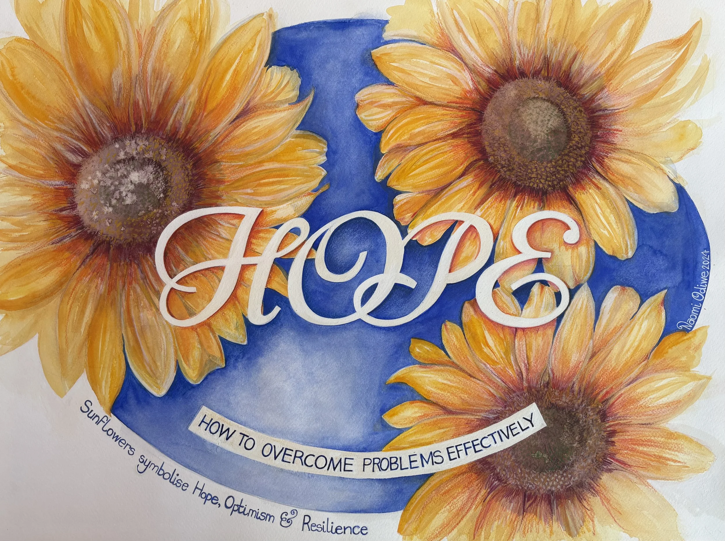 Greetings card and fine art of a watercolour titled "HOPE" with a blue background and three large sunflowers, along with subtitle "How to Overcome Problems Effectively" and additional text about sunflowers symbolizing hope, optimism, and resilience.