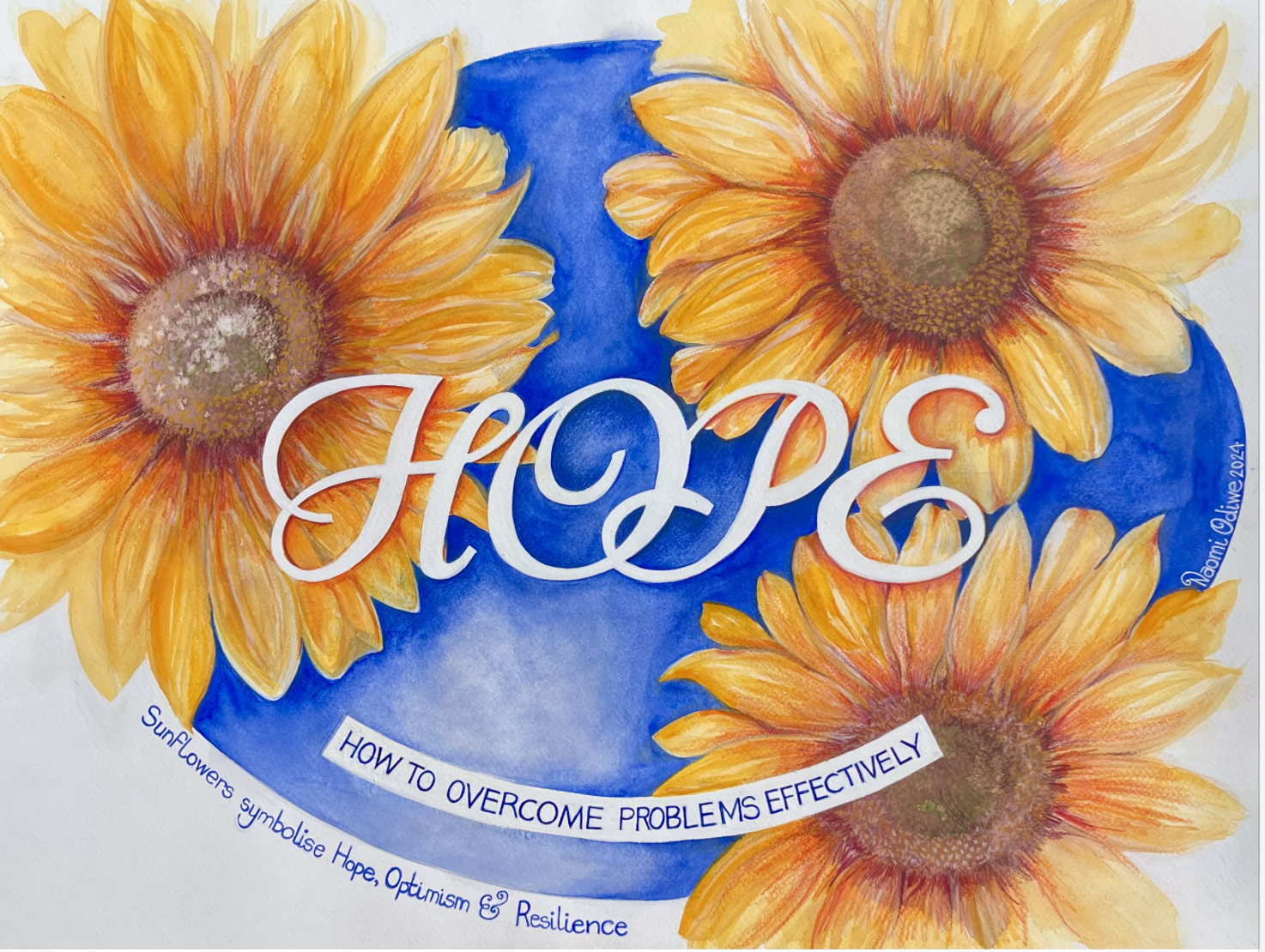 The Hope Sunflowers ((Helianthus annus) 2023 
Watercolour on fine art paper 18in high x 24in wide (Landscape) ~ Digital version donated to RNOH Macmillan Cancer Trust.