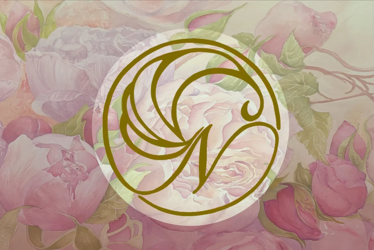 A decorative wall art featuring a floral design with pink peonies and green leaves, overlaid with a gold circular logo with stylized letters 'ON' divided by curves.