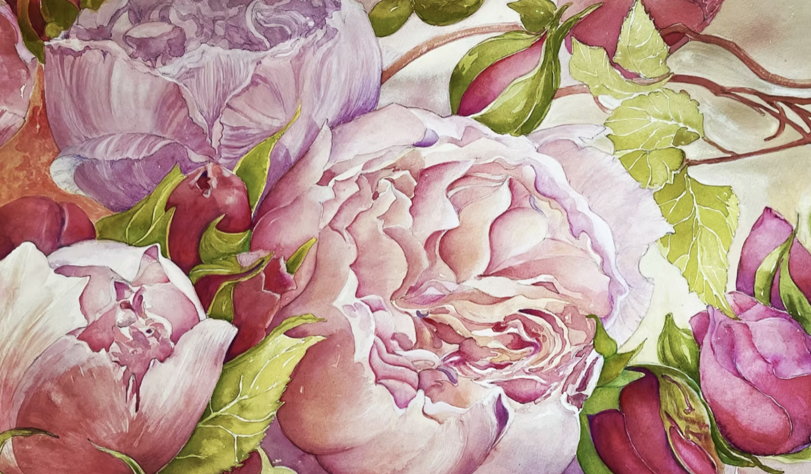 Close-up of watercolor painting featuring large pink and purple peonies with green leaves and buds.