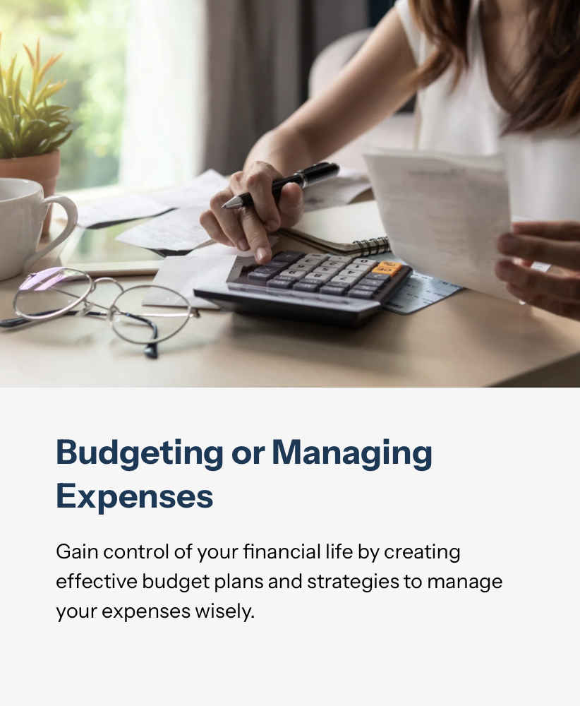 A woman working at a desk with a calculator, documents, notebooks, glasses, a coffee mug, and a potted plant. She is wearing a white top and appears to be managing finances or budgeting.